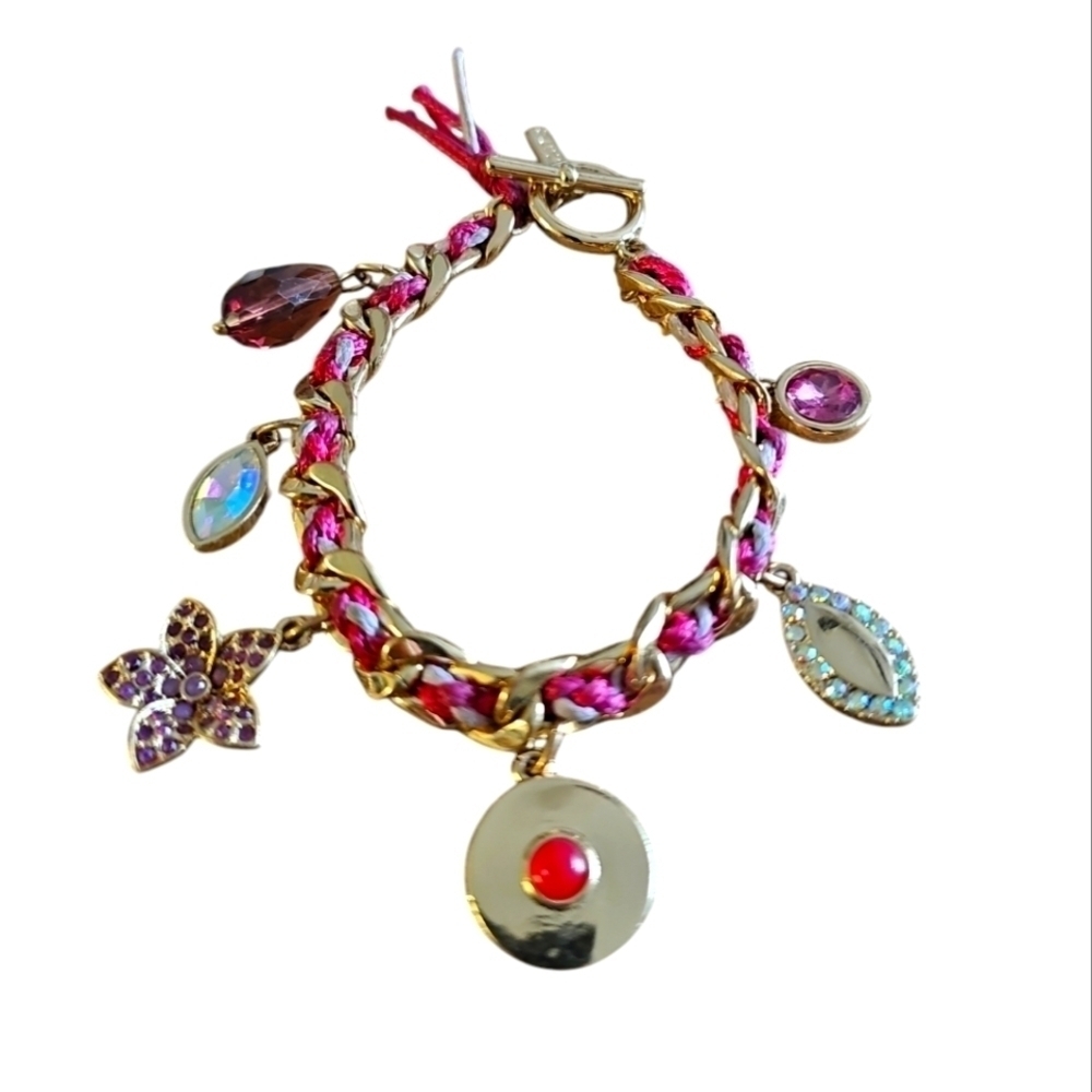 White House Black Market Charm Bracelet Gold Tone Chain Pink Rope Twist Crystal